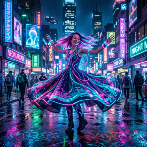 Woman in glowing neon dress spinning cheerfully on a rainy city street